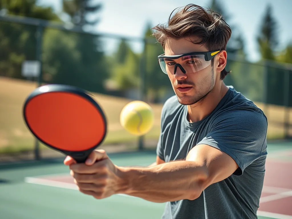 Vận động viên pickleball chuyên nghiệp đeo kính bảo hộ chuẩn bị đón bóng bay tốc độ cao trên sân, thể hiện rủi ro chấn thương mắt cần phòng tránh