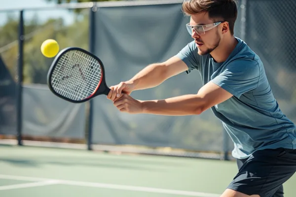Vận động viên pickleball chuyên nghiệp đeo kính bảo hộ đang đánh trả bóng mạnh mẽ trên sân trong nắng, trang thiết bị an toàn rõ rệt