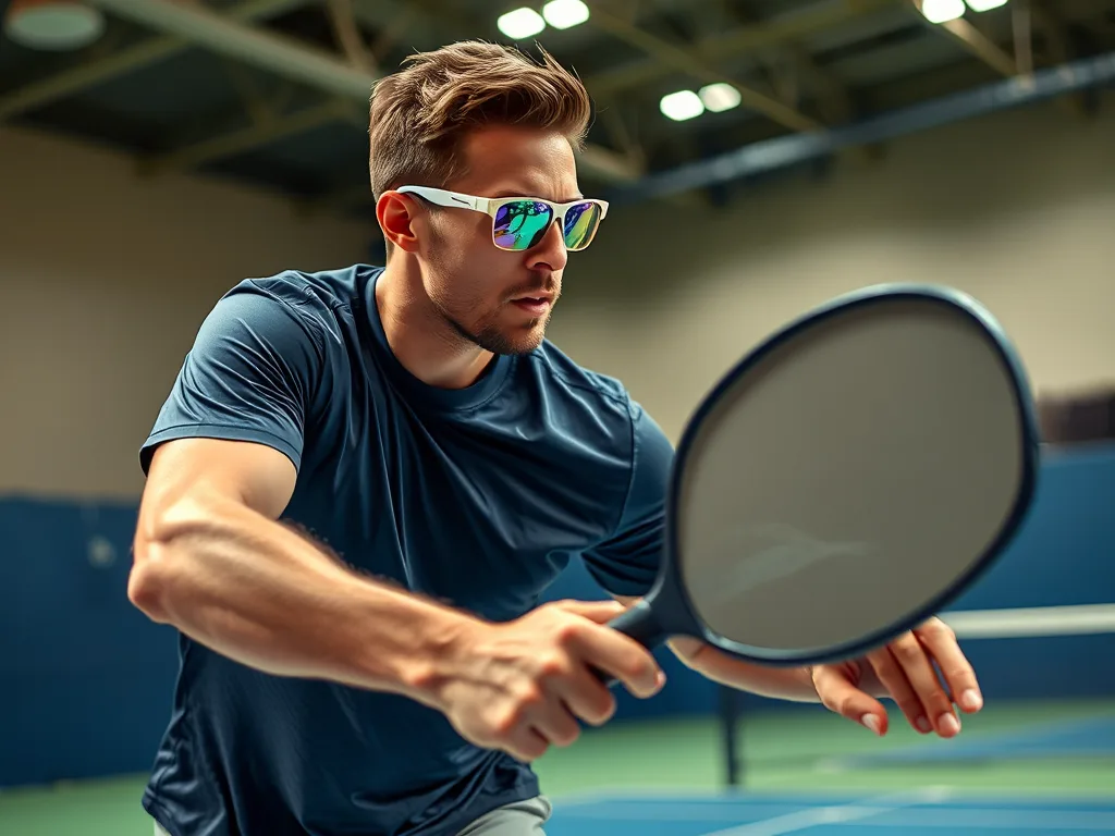 Vận động viên Pickleball chuyên nghiệp đeo kính bảo hộ khi chơi, minh họa cho lý do nên sử dụng kính bảo vệ mắt trong môn này.
