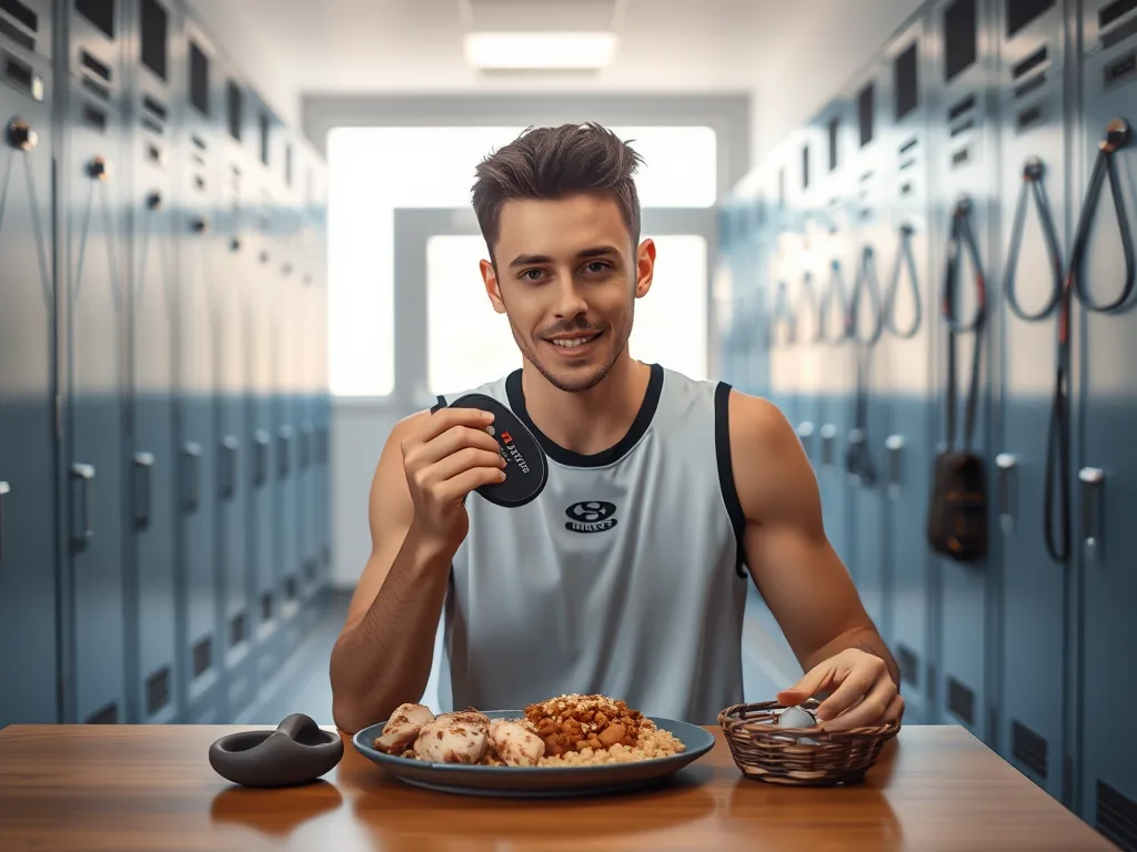 Vận động viên pickleball đang ăn bữa chính giàu protein và carbs trước trận 3-4 giờ trong phòng thay đồ, chuẩn bị cho 4 hiệp đấu bền bỉ