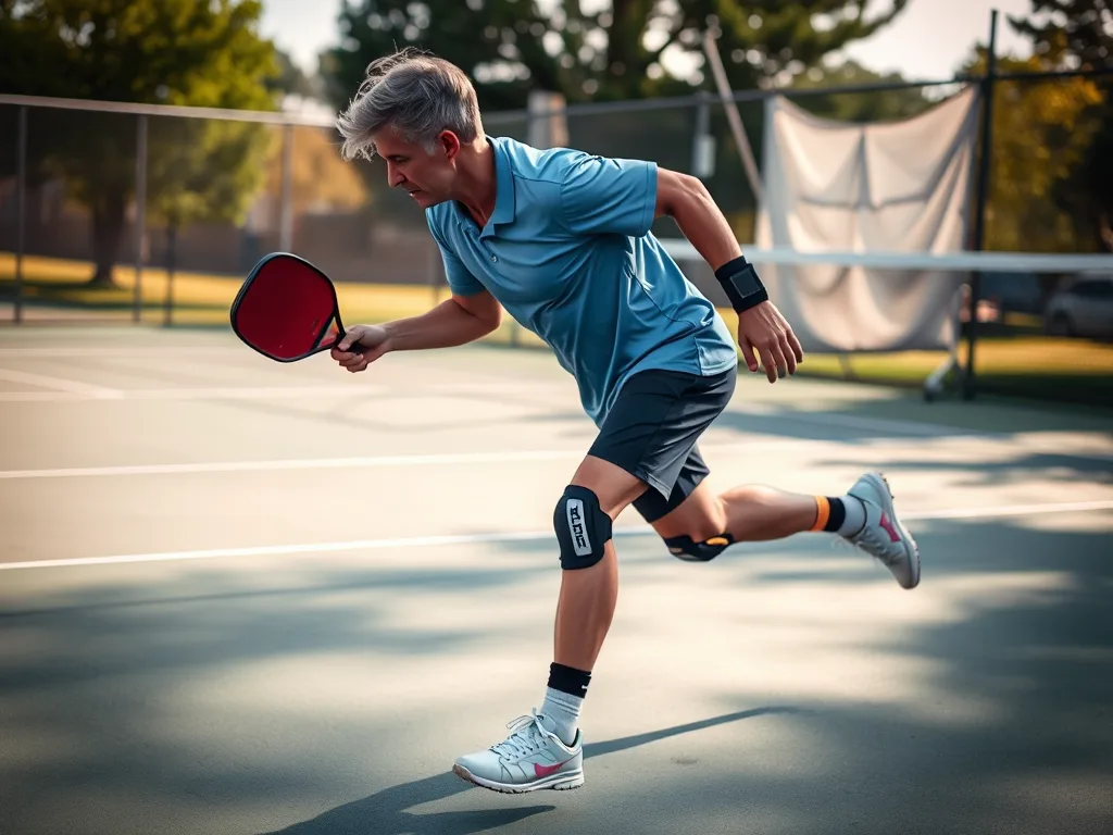 Vận động viên pickleball đang phòng ngự với bảo vệ đầu gối và cổ tay trên sân ngoài trời, minh họa cho chấn thương pickleball thường gặp. Vận động viên pickleball đang phòng ngự với bảo vệ đầu gối và cổ tay trên sân ngoài trời, minh họa cho chấn thương pickleball thường gặp.