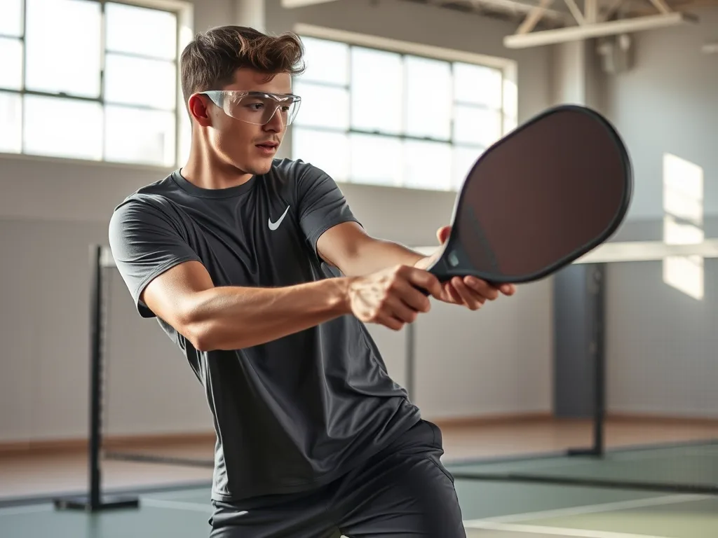Vận động viên pickleball đeo kính bảo hộ đang thực hiện cú đánh trong sân trong nhà, ánh sáng tự nhiên, phong cách thể thao chuyên nghiệp