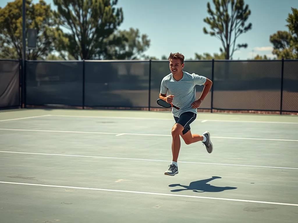 Vận động viên pickleball đơn tranh đấu, di chuyển nhanh khắp sân, biểu cảm mệt mỏi, thể hiện gánh nặng thể chất khi chơi đơn so với đôi