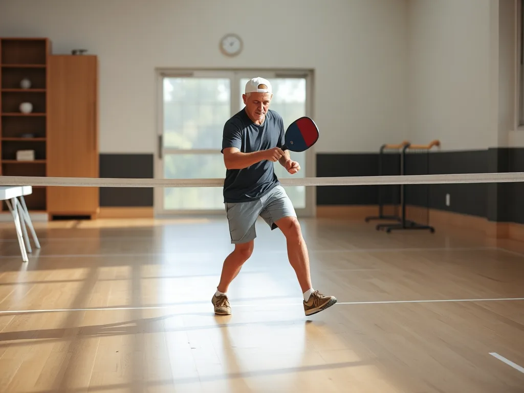 Vận động viên pickleball luyện tập tư thế chân trước vùng kitchen, tập trung vào sự ổn định và kiểm soát đà để khắc phục lỗi chân. Vận động viên pickleball luyện tập tư thế chân trước vùng kitchen, tập trung vào sự ổn định và kiểm soát đà để khắc phục lỗi chân.
