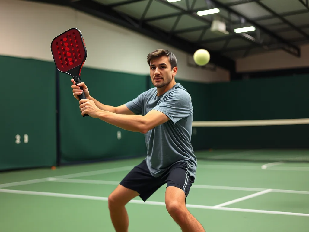 Vận động viên pickleball ở tư thế sẵn sàng với vợt, chuẩn bị đón bóng trên sân trong nhà, minh họa cho tác động của pickleball đến sự linh hoạt tay - mắt.