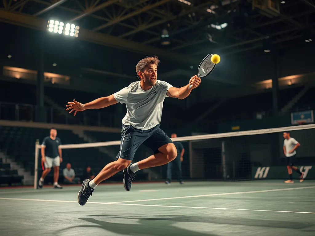 Vận động viên pickleball thực hiện cú đánh Erne, bật nhảy ngoài sân để đánh bóng gần lưới, đối thủ bất ngờ phía sau, sân trong nhà, ánh sáng sân vận động.