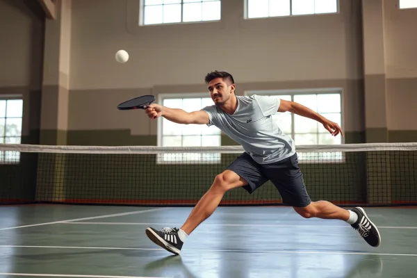 Vận động viên pickleball thực hiện cú đánh Erne đầy mạnh mẽ, paddle vươn ra ngoài khu vực không volley, bóng bay ngang, sân trong nhà với ánh sáng tự nhiên, góc chụp cận cảnh động tác