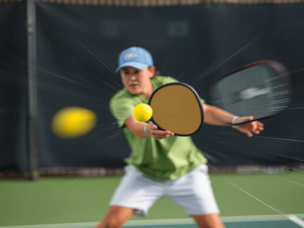 Vận động viên pickleball thực hiện cú đánh mạnh bằng vợt Selkirk Vanguard Power Air, thể hiện sức mạnh hủy diệt trong phòng tập.