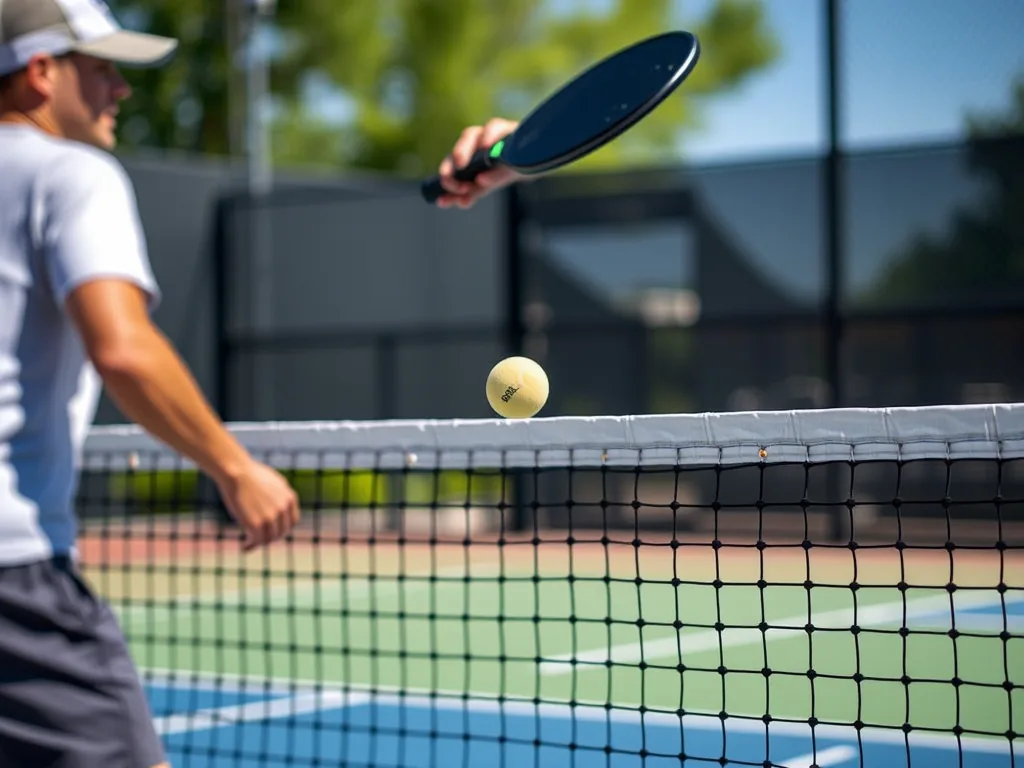 Vận động viên pickleball thực hiện cú đánh third shot drop chuẩn kỹ thuật, bóng bay nhẹ qua lưới trên sân chơi ngoài trời.