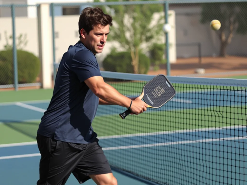 Vận động viên pickleball thực hiện cú đánh third shot drop, bóng bay nhẹ nhàng qua lưới trên sân chơi ngoài trời, ánh sáng ban ngày.