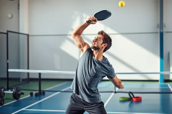 Vận động viên pickleball thực hiện cú đập overhead smash trên sân, bên cạnh có tạ tay và dây kháng cực, minh họa cho bài tập gym bổ trợ cánh tay.