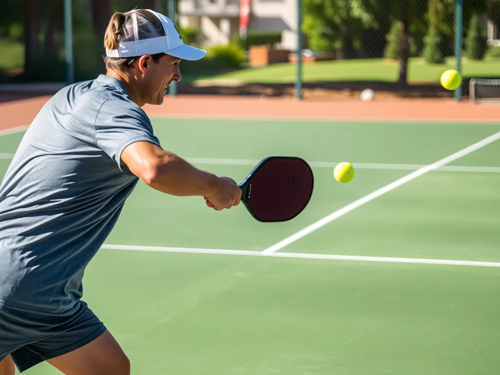 Vận động viên pickleball thực hiện cú dink slice cross-court trong khu vực kitchen, sân ngoài trời, thể hiện kỹ thuật dink nâng cao.
