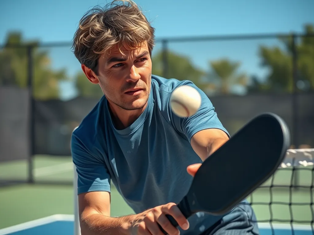 Vận động viên pickleball thực hiện cú drop shot thứ ba, bóng bay nhẹ nhàng qua lưới trên sân ngoài trời, thể thao chuyên nghiệp.