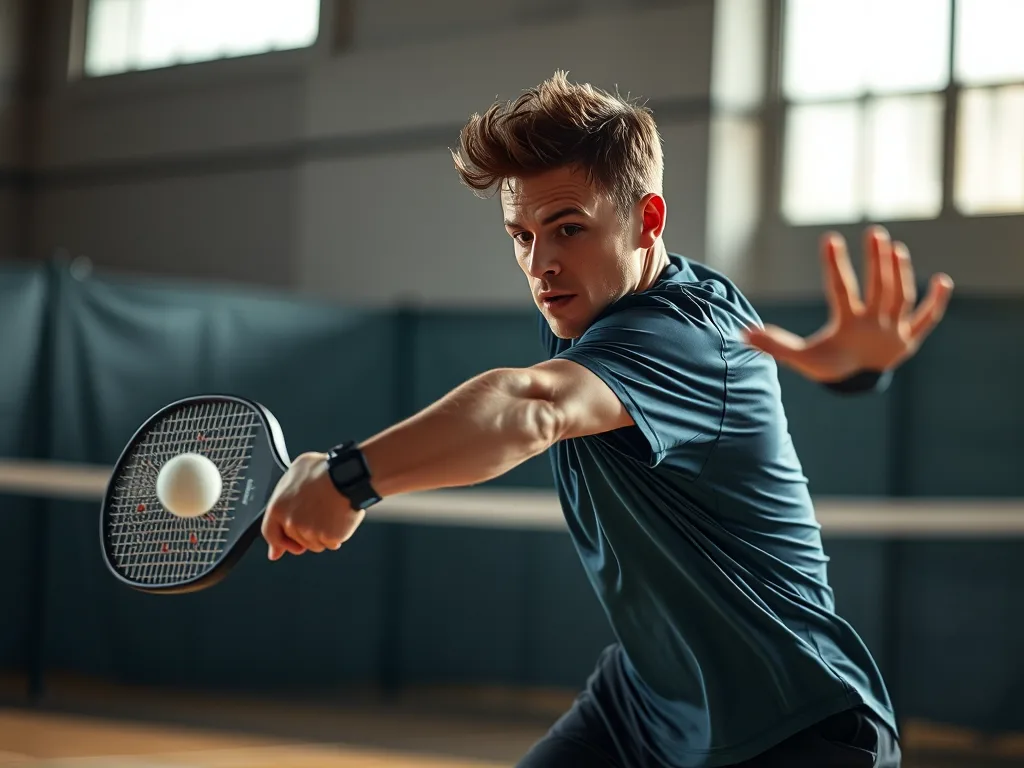 Vận động viên pickleball thực hiện cú Reset hoàn hảo với cú chạm nhẹ trong trận đấu trong nhà. Vận động viên pickleball thực hiện cú Reset hoàn hảo với cú chạm nhẹ trong trận đấu trong nhà.