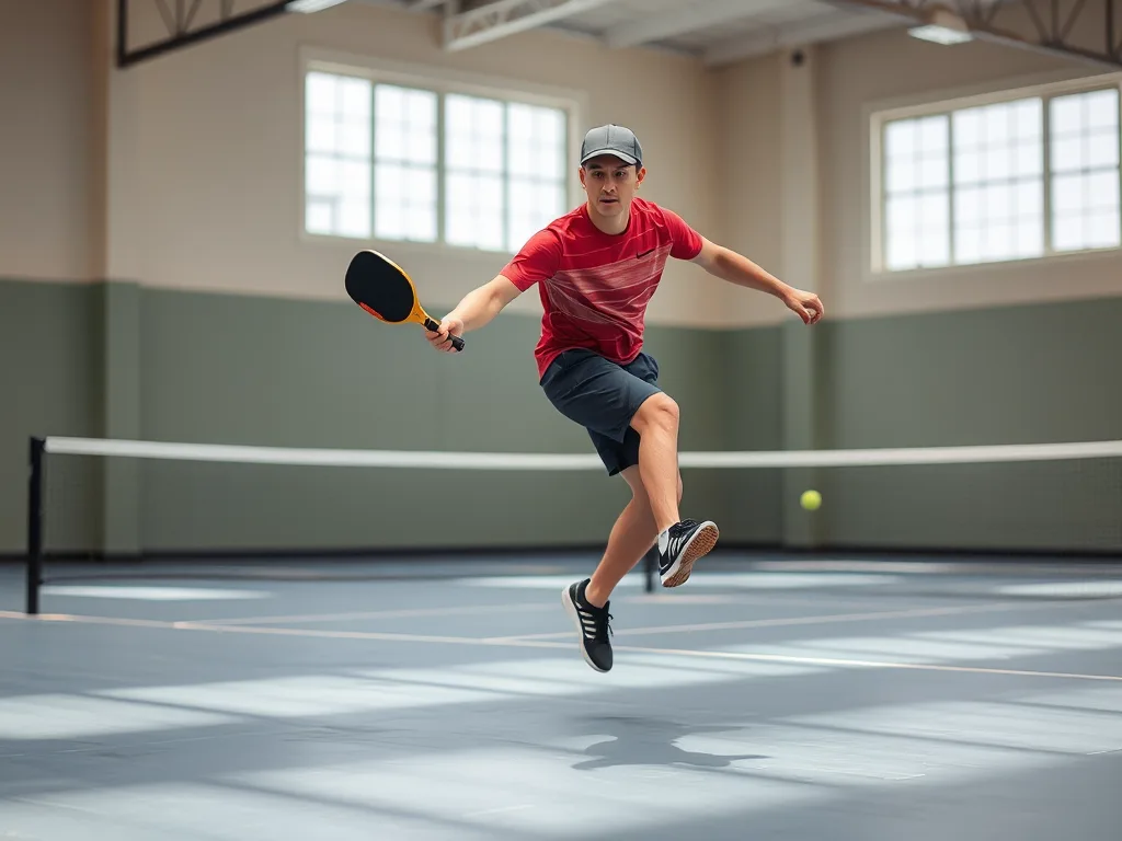 Vận động viên pickleball thực hiện động tác Split-step trên sân trong nhà, nhảy sang hai bên với vợt, tập luyện phản xạ tự nhiên. Vận động viên pickleball thực hiện động tác Split-step trên sân trong nhà, nhảy sang hai bên với vợt, tập luyện phản xạ tự nhiên.