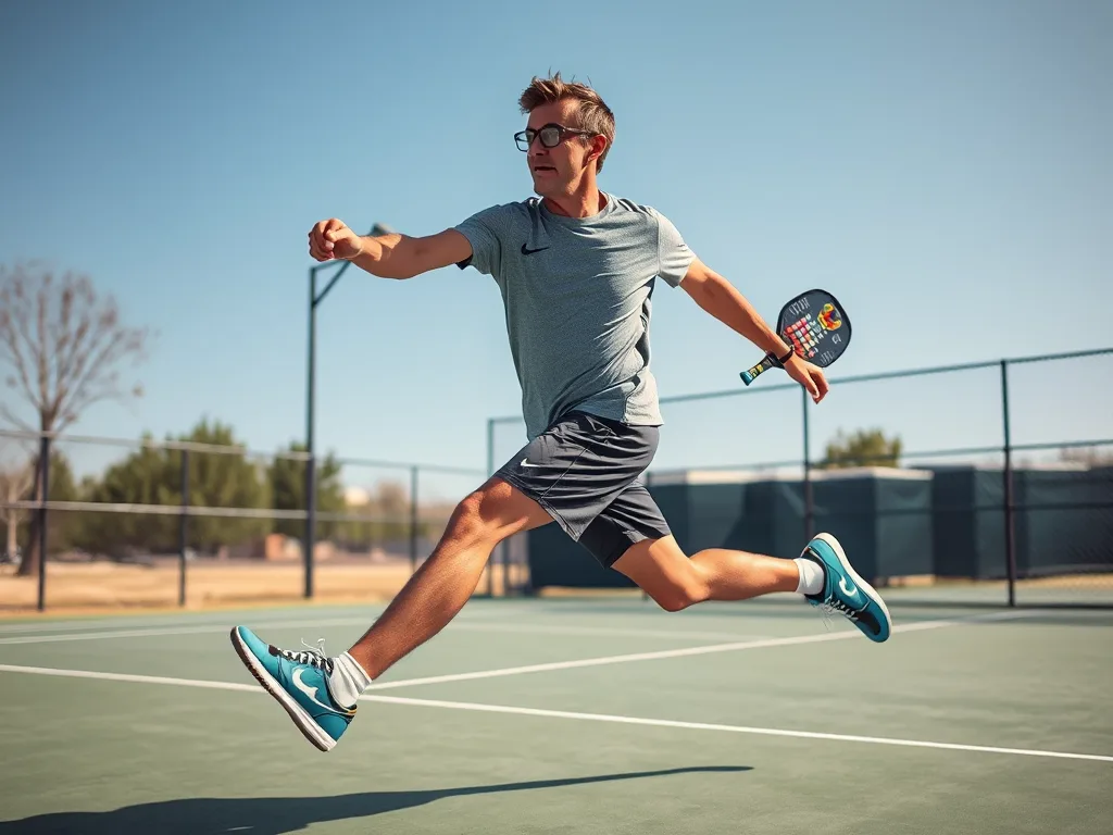 Vận động viên pickleball thực hiện động tác split-step trên sân ngoài trời, tư thế chuẩn bị di chuyển nhanh, với trang phục thể thao và ánh sáng tự nhiên. Vận động viên pickleball thực hiện động tác split-step trên sân ngoài trời, tư thế chuẩn bị di chuyển nhanh, với trang phục thể thao và ánh sáng tự nhiên.