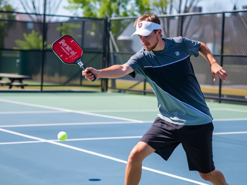 Vận động viên pickleball thực hiện kỹ thuật cú Erne, người vươn ra ngoài sân, vợt chạm bóng trên sân ngoài trời nắng