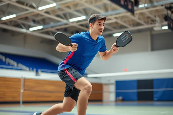 Vận động viên pickleball thực hiện kỹ thuật split-step trên sân trong nhà, tư thế sẵn sàng đón bóng, mặc đồ thể thao, ánh sáng sáng, phong cách nhiếp ảnh thể thao.