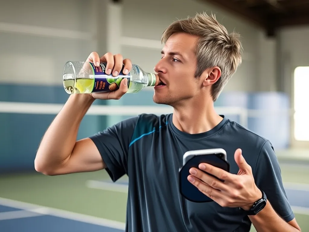 Vận động viên pickleball uống nước bổ sung điện giải và ăn snack phục hồi giàu protein, carb ngay sau trận, thể hiện cửa sổ 30 phút vàng.