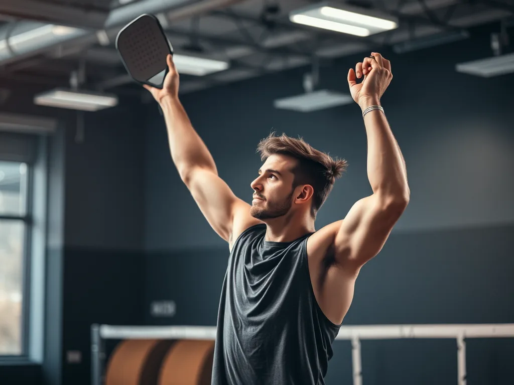 Vận động viên tập overhead press với vợt pickleball trong phòng gym, minh họa bài tập bổ trợ sức mạnh cánh tay cho cú overhead smash. Vận động viên tập overhead press với vợt pickleball trong phòng gym, minh họa bài tập bổ trợ sức mạnh cánh tay cho cú overhead smash.