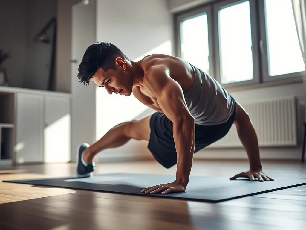 Vận động viên tập plank trong nhà để tăng cường cơ bụng và chân, minh họa cho bài tập thể lực bổ trợ Pickleball tại nhà, không gian sạch sẽ, ánh sáng tự nhiên