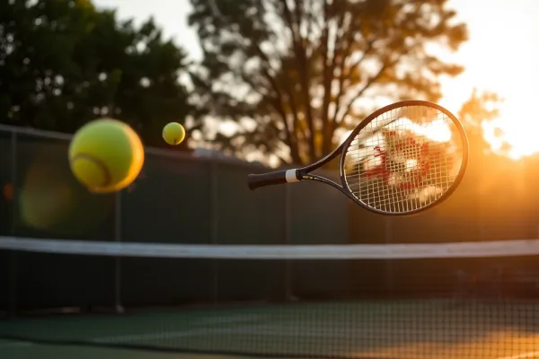 Vận động viên tennis thực hiện cú giao bóng mạnh mẽ, bóng bay xa về phía đường biên sau, thể hiện sức mạnh và kỹ thuật của cú giao bóng sâu.