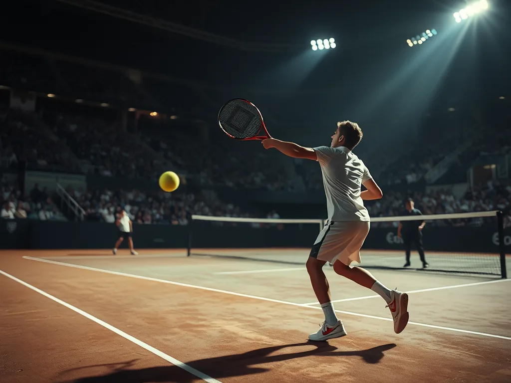 Vận động viên tennis thực hiện cú giao bóng sâu, bóng bay vượt qua vạch chống và rơi gần vạch biên, đối thủ đứng xa phía sau sân, thể hiện chiến thuật ép đối thủ.