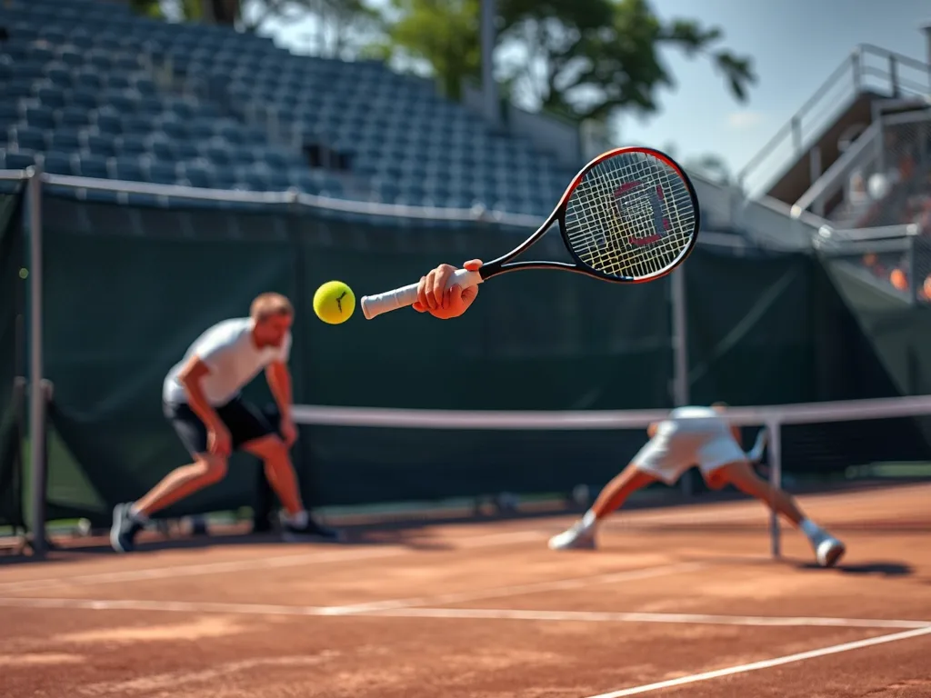 Vận động viên thực hiện cú cắt bóng (slice) mạnh, bóng bay thấp, đối thủ khom người chống đỡ trên sân tennis ngoài trời.