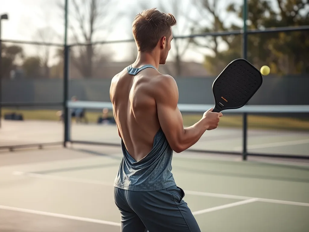 Vận động viên thực hiện cú đánh pickleball đúng tư thế, giữ cột sống thẳng để phòng ngừa đau lưng khi chơi Pickleball và chứng đau lưng