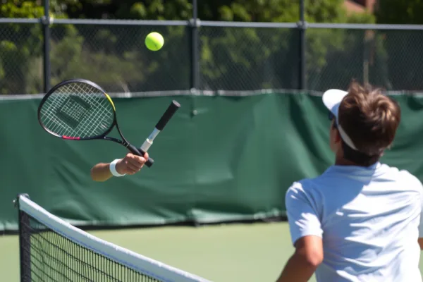 Vận động viên thực hiện cú lốp bóng cao trong trận tennis, đối thủ đứng sát lưới quan sát bóng bay, sân tennis ngoài trời.