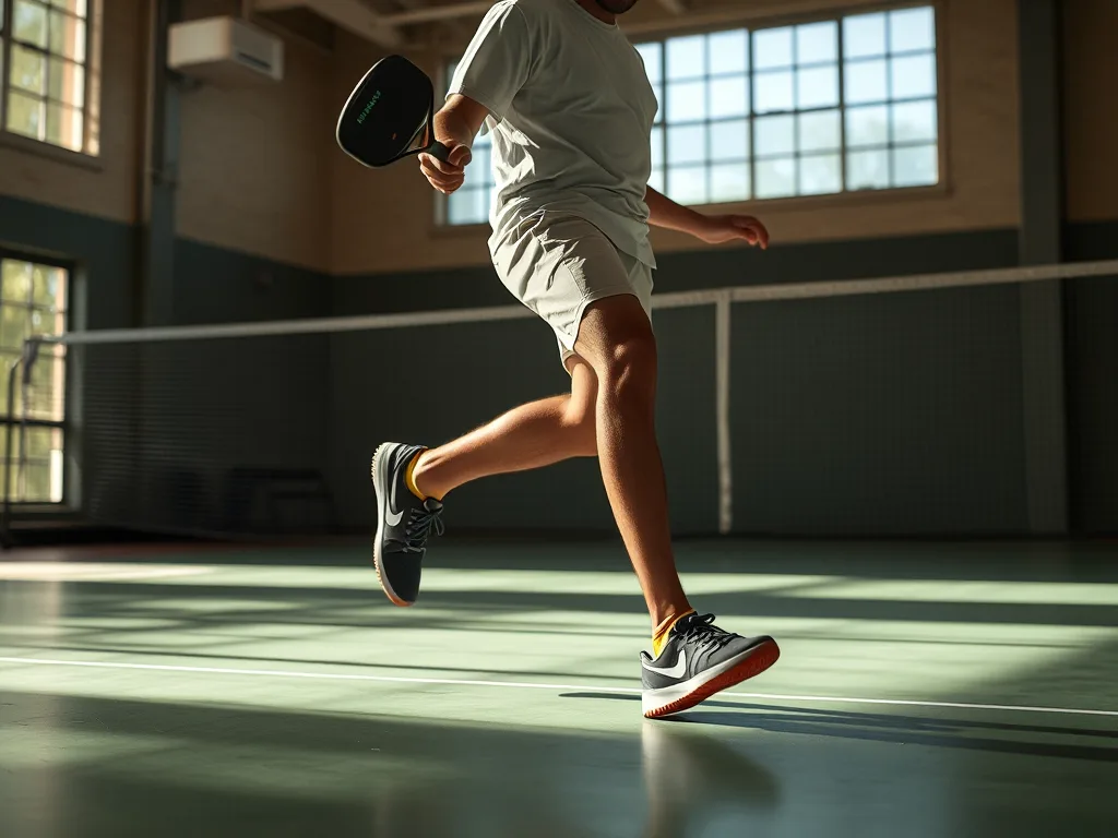 Vận động viên thực hiện tư thế Split-step chuẩn bóng trên sân Pickleball trong nhà, thể thao năng động với ánh sáng tốt. Vận động viên thực hiện tư thế Split-step chuẩn bóng trên sân Pickleball trong nhà, thể thao năng động với ánh sáng tốt.