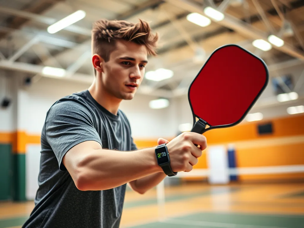 Vận động viên trẻ chơi pickleball trong sân trong nhà, đeo đồng hồ thông minh hiển thị lượng calo, minh họa yếu tố quyết định calo đốt cháy khi so sánh pickleball và tennis.