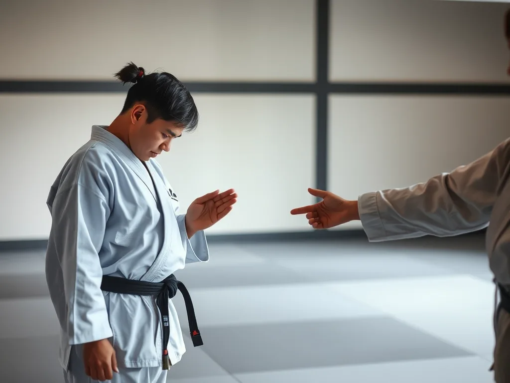 Võ sĩ mặc trang phục truyền thống cúi chào sau trận đấu, đối thủ đứng bên cạnh chìa tay giúp đỡ, trong phòng tập võ với ánh sáng dịu. Võ sĩ mặc trang phục truyền thống cúi chào sau trận đấu, đối thủ đứng bên cạnh chìa tay giúp đỡ, trong phòng tập võ với ánh sáng dịu.