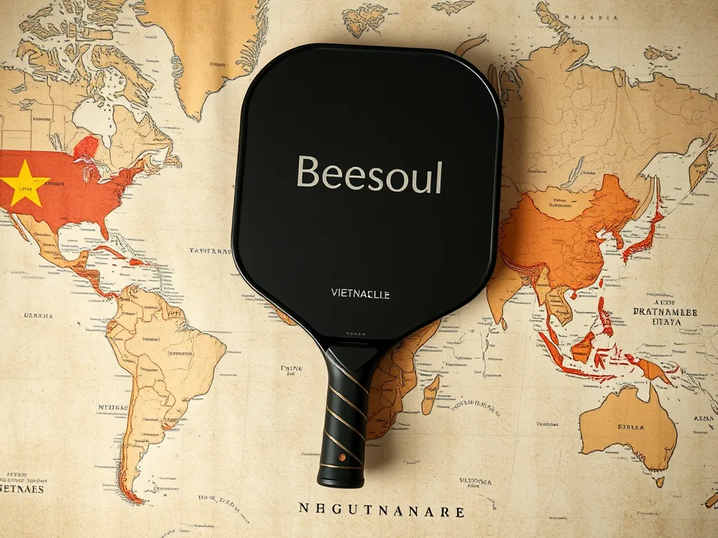 Vợt pickleball Beesoul chính hãng Made in Vietnam được đặt trên nền bản đồ thế giới với biểu tượng toàn cầu, thể hiện chất lượng và khát vọng quốc tế.