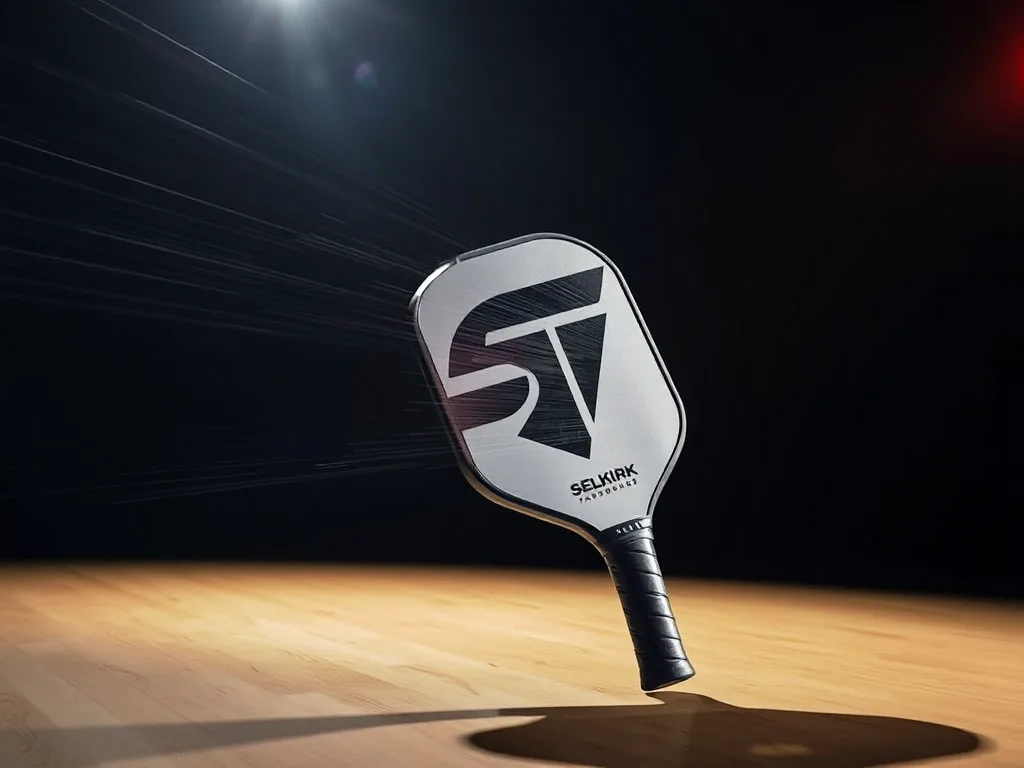 Vợt pickleball Selkirk Vanguard Power Air được chơi trong tư thế đánh mạnh, thiết kế không viền rõ rệt và cổ gỗ động lực.