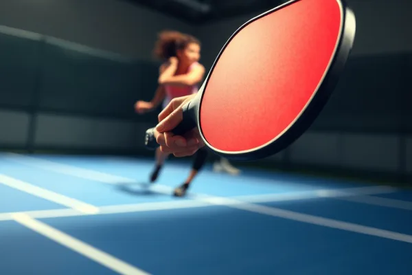 Vợt pickleball Selkirk Vanguard Power Air được giơ cao trong tư thế đánh mạnh trên sân, thể thao năng động, ánh sáng sáng.